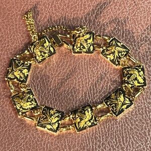 Vintage Mid-Century Gold-Tone Damascene Panel Link Bracelet